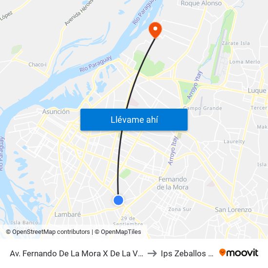 Av. Fernando De La Mora X De La Victoria to Ips Zeballos Cué map