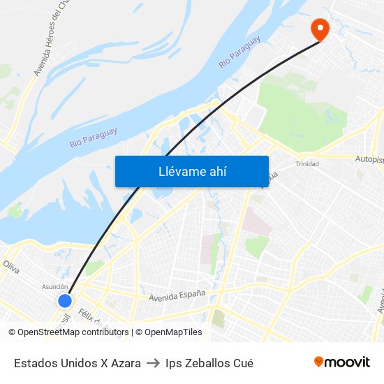 Estados Unidos X Azara to Ips Zeballos Cué map