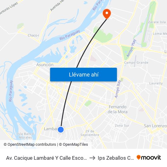 Av. Cacique Lambaré Y Calle Escobar to Ips Zeballos Cué map