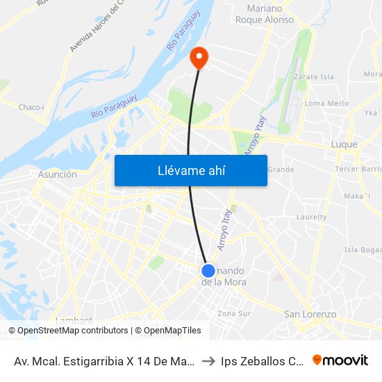 Av. Mcal. Estigarribia X 14 De Mayo to Ips Zeballos Cué map