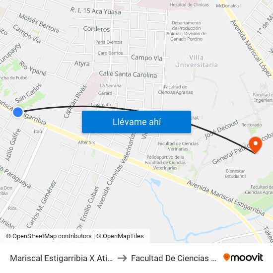 Mariscal Estigarribia X Atilio Galfre to Facultad De Ciencias Agrarias map