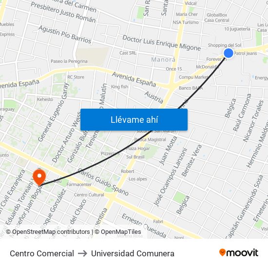 Centro Comercial to Universidad Comunera map