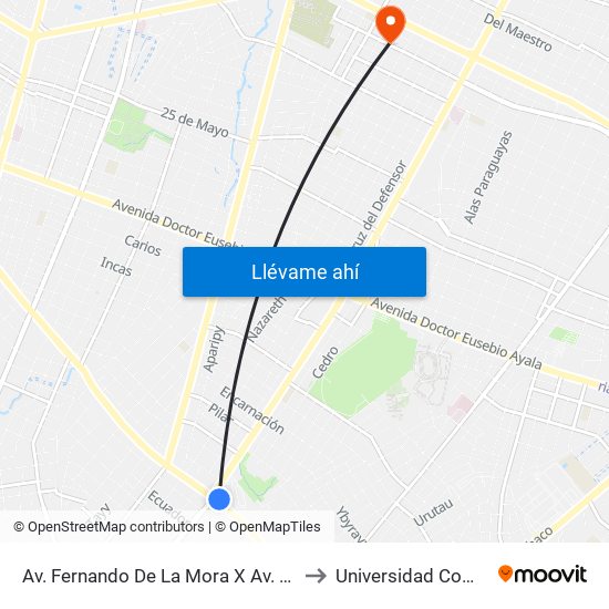 Av. Fernando De La Mora X Av. Argentina to Universidad Comunera map