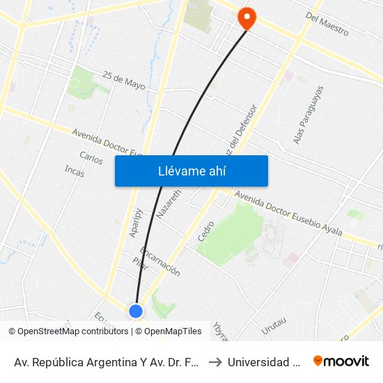 Av. República Argentina Y Av. Dr. Fernando De La Mora to Universidad Comunera map