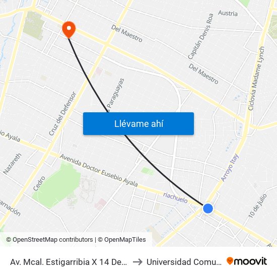 Av. Mcal. Estigarribia X 14 De Mayo to Universidad Comunera map