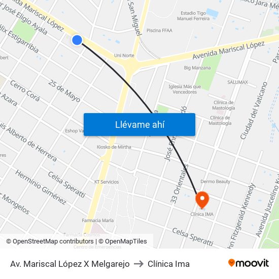 Av. Mariscal López X Melgarejo to Clínica Ima map