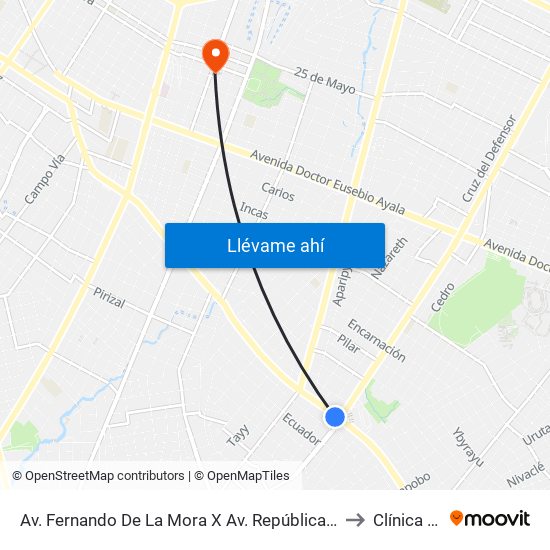 Av. Fernando De La Mora X Av. República Argentina to Clínica Ima map