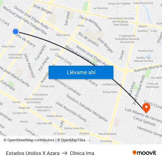 Estados Unidos X Azara to Clínica Ima map