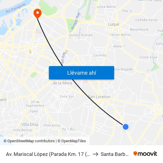 Av. Mariscal López (Parada Km. 17 (1/2)) to Santa Barbaba map