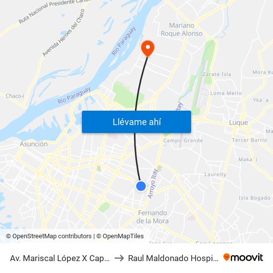 Av. Mariscal López X Capitán Bueno to Raul Maldonado Hospital Equino map