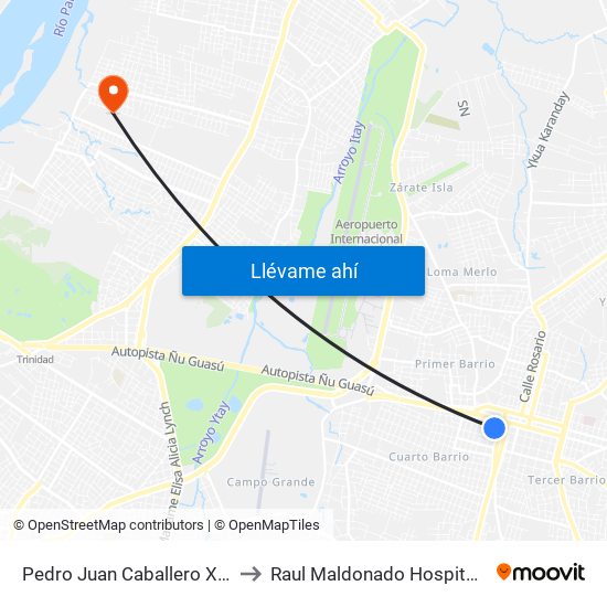 Pedro Juan Caballero X Herrera to Raul Maldonado Hospital Equino map