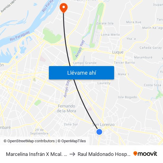 Marcelina Insfrán X Mcal. Estigarribia to Raul Maldonado Hospital Equino map