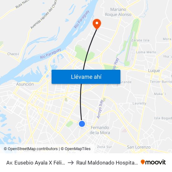 Av. Eusebio Ayala X Félix Lopéz to Raul Maldonado Hospital Equino map