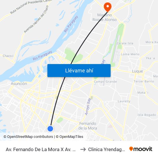 Av. Fernando De La Mora X Av. Argentina to Clinica Yrendague Ips map