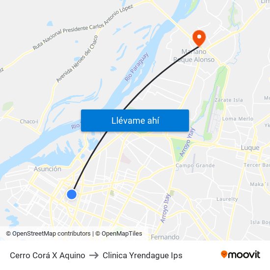 Cerro Corá X Aquino to Clinica Yrendague Ips map