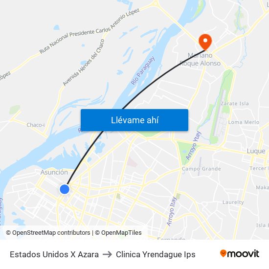 Estados Unidos X Azara to Clinica Yrendague Ips map