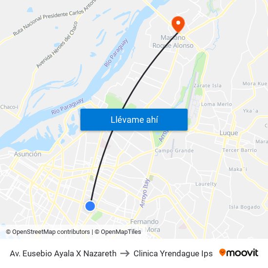 Av. Eusebio Ayala X Nazareth to Clinica Yrendague Ips map