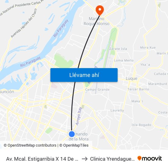 Av. Mcal. Estigarribia X 14 De Mayo to Clinica Yrendague Ips map