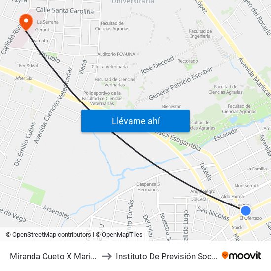 Miranda Cueto X Mariscal Estigarribia to Instituto De Previsión Social Hospital Ingavi map
