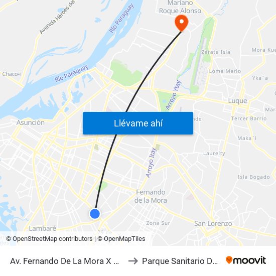 Av. Fernando De La Mora X De La Victoria to Parque Sanitario Del Mspybs map