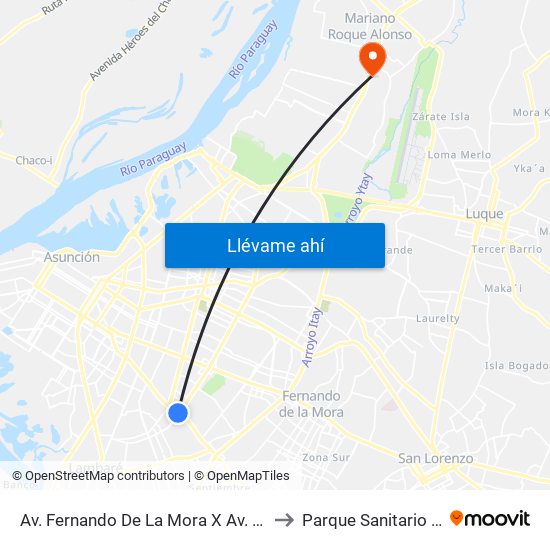 Av. Fernando De La Mora X Av. República Argentina to Parque Sanitario Del Mspybs map