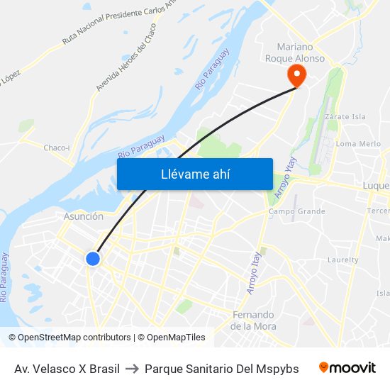 Av. Velasco X Brasil to Parque Sanitario Del Mspybs map