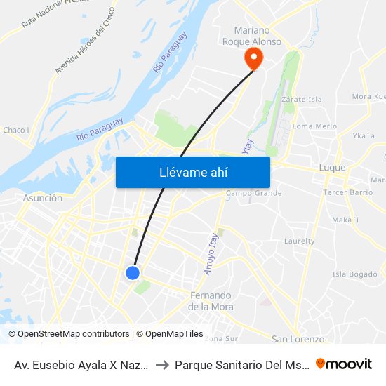 Av. Eusebio Ayala X Nazareth to Parque Sanitario Del Mspybs map