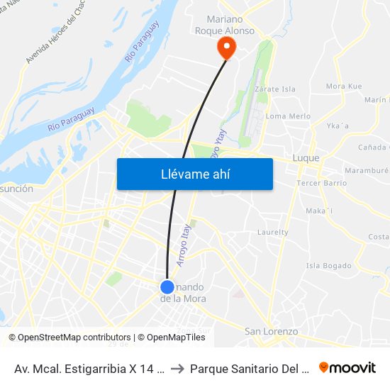 Av. Mcal. Estigarribia X 14 De Mayo to Parque Sanitario Del Mspybs map