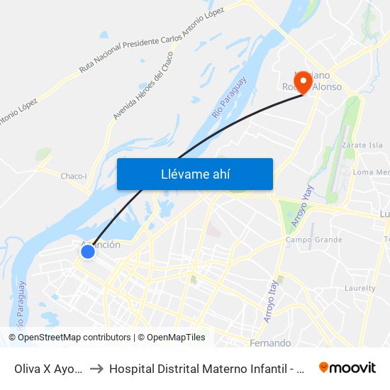 Oliva X Ayolas to Hospital Distrital Materno Infantil - M.R.A. map
