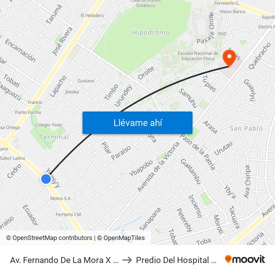 Av. Fernando De La Mora X Universitarios Del Chaco to Predio Del Hospital Del Barrio San Pablo map