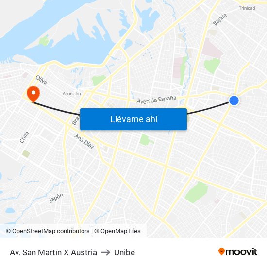 Av. San Martín X Austria to Unibe map