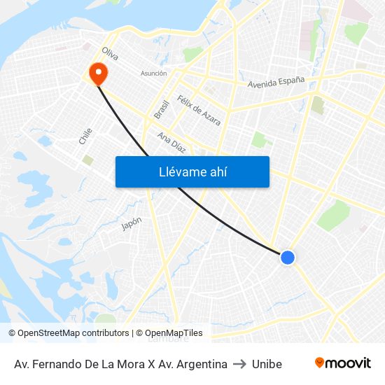 Av. Fernando De La Mora X Av. Argentina to Unibe map