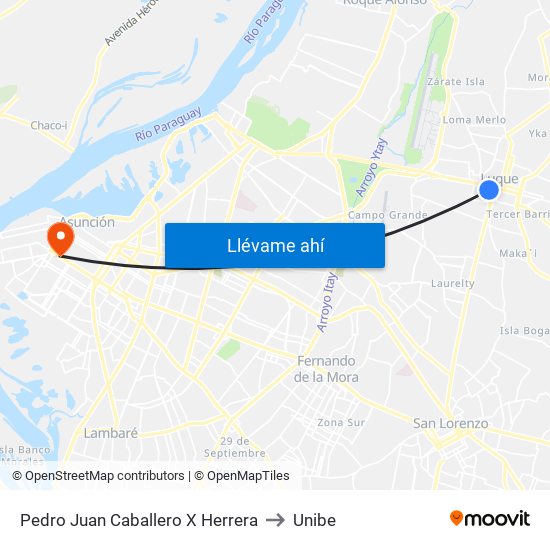 Pedro Juan Caballero X Herrera to Unibe map