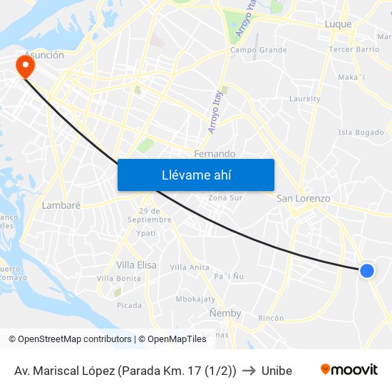 Av. Mariscal López (Parada Km. 17 (1/2)) to Unibe map
