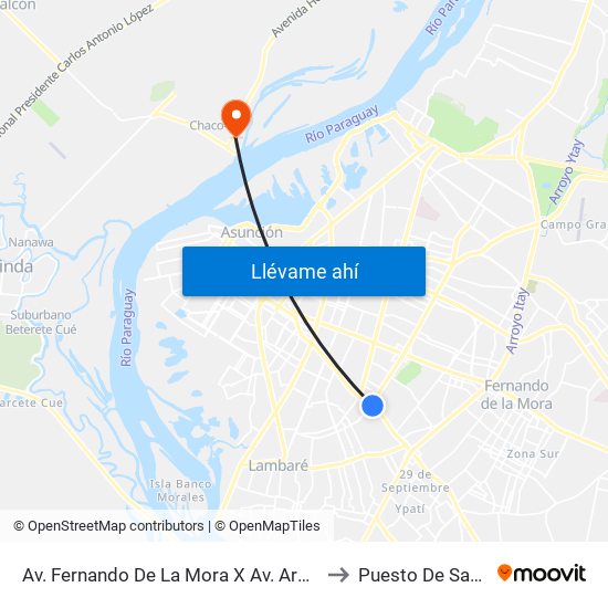 Av. Fernando De La Mora X Av. Argentina to Puesto De Saulud map