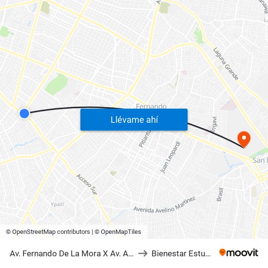 Av. Fernando De La Mora X Av. Argentina to Bienestar Estudiantil map