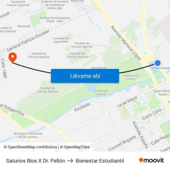 Saturios Ríos X Dr. Pellón to Bienestar Estudiantil map