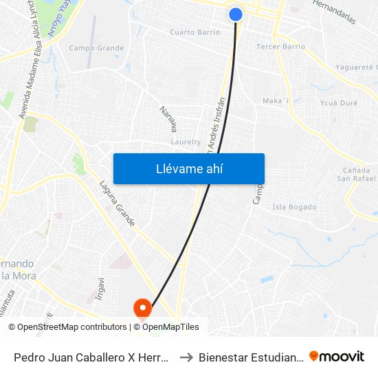 Pedro Juan Caballero X Herrera to Bienestar Estudiantil map