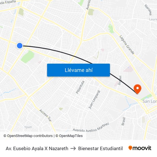 Av. Eusebio Ayala X Nazareth to Bienestar Estudiantil map