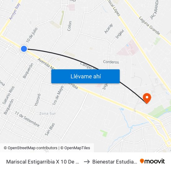Mariscal Estigarribia X 10 De Julio to Bienestar Estudiantil map