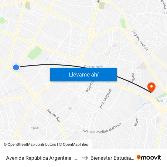 Avenida República Argentina, 3016 to Bienestar Estudiantil map