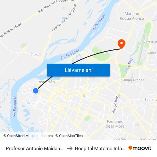 Profesor Antonio Maidana Campos, 1045 to Hospital Materno Infantil Loma Pyta map