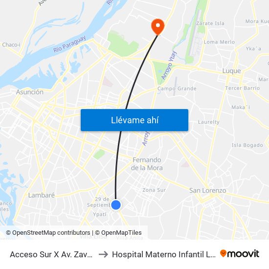 Acceso Sur X Av. Zavalas Cué to Hospital Materno Infantil Loma Pyta map