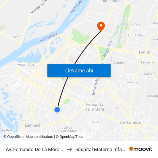 Av. Fernando De La Mora X Av. Argentina to Hospital Materno Infantil Loma Pyta map