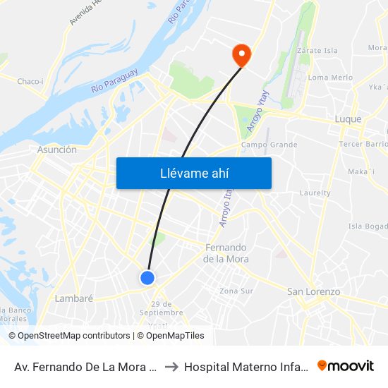 Av. Fernando De La Mora X De La Victoria to Hospital Materno Infantil Loma Pyta map