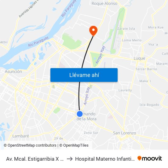 Av. Mcal. Estigarribia X 14 De Mayo to Hospital Materno Infantil Loma Pyta map
