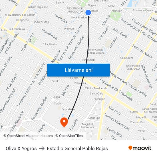 Oliva X Yegros to Estadio General Pablo Rojas map