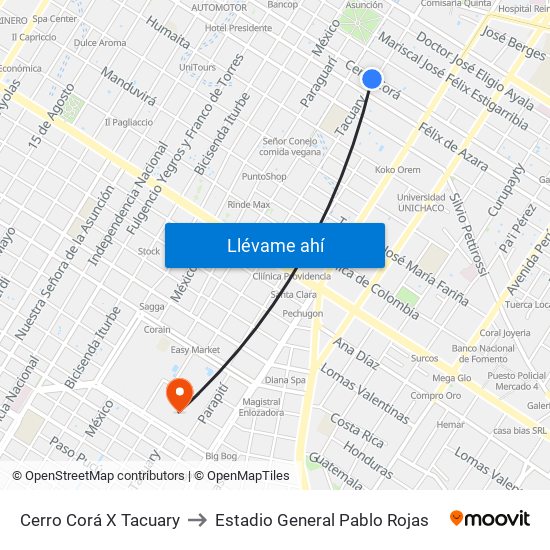 Cerro Corá X Tacuary to Estadio General Pablo Rojas map