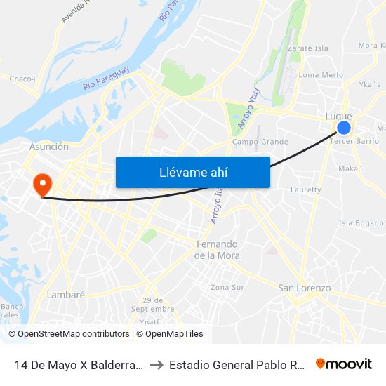 14 De Mayo X Balderrama to Estadio General Pablo Rojas map
