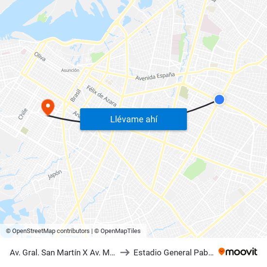 Av. Gral. San Martín X Av. Mcal. López to Estadio General Pablo Rojas map